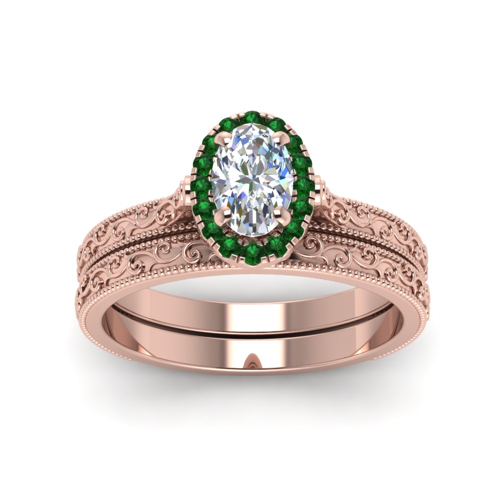 hand-engraved-oval-shaped-halo-diamond-wedding-ring-set-with-emerald-in-rose-gold-FD8588OVGEMGRANGLE5-NL-RG?v=1757665222