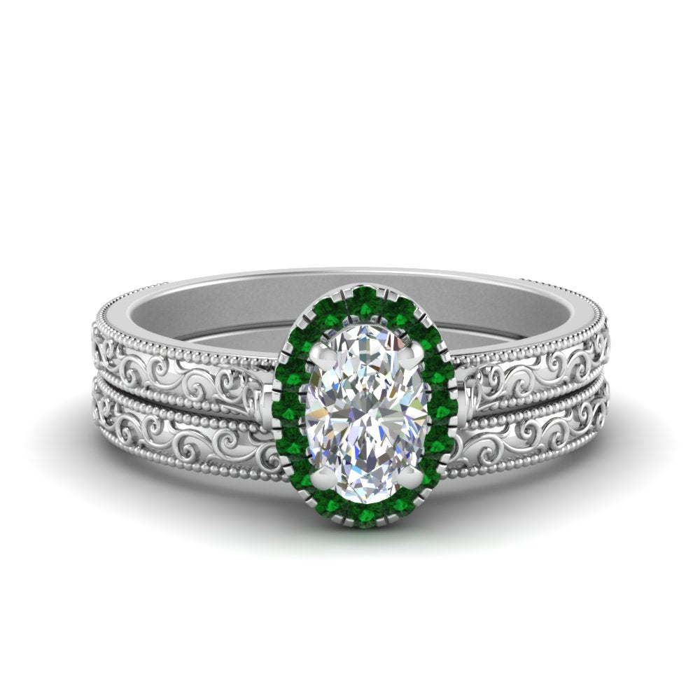 hand-engraved-oval-shaped-halo-diamond-wedding-ring-set-with-emerald-in-white-gold-FD8588OVGEMGR-NL-WG?v=1757665222