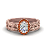 Load image into Gallery viewer, hand-engraved-oval-shaped-halo-diamond-wedding-ring-set-with-orange-sapphire-in-rose-gold-FD8588OVGSAOR-NL-RG?v=1757665222