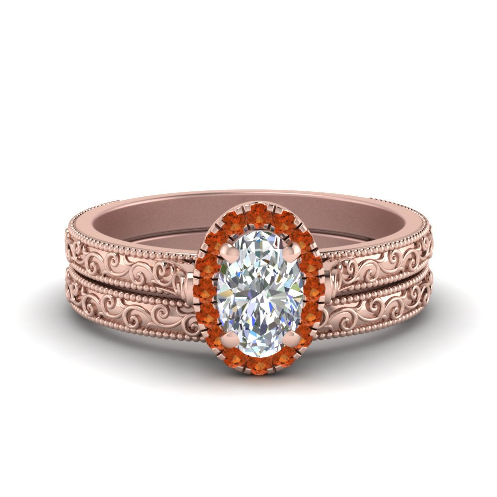 hand-engraved-oval-shaped-halo-diamond-wedding-ring-set-with-orange-sapphire-in-rose-gold-FD8588OVGSAOR-NL-RG?v=1757665222