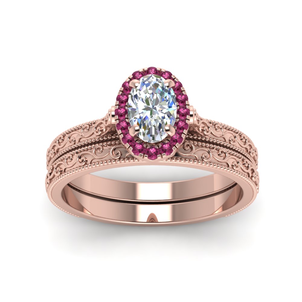 hand-engraved-oval-shaped-halo-diamond-wedding-ring-set-with-pink-sapphire-in-rose-gold-FD8588OVGSADRPIANGLE5-NL-RG?v=1757665222