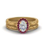 Load image into Gallery viewer, hand-engraved-oval-shaped-halo-diamond-wedding-ring-set-with-pink-sapphire-in-yellow-gold-FD8588OVGSADRPI-NL-YG?v=1757665222