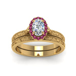 Load image into Gallery viewer, hand-engraved-oval-shaped-halo-diamond-wedding-ring-set-with-pink-sapphire-in-yellow-gold-FD8588OVGSADRPIANGLE5-NL-YG_67a2b310-ba2e-46e7-aaff-abc7217417bc?v=1757665361
