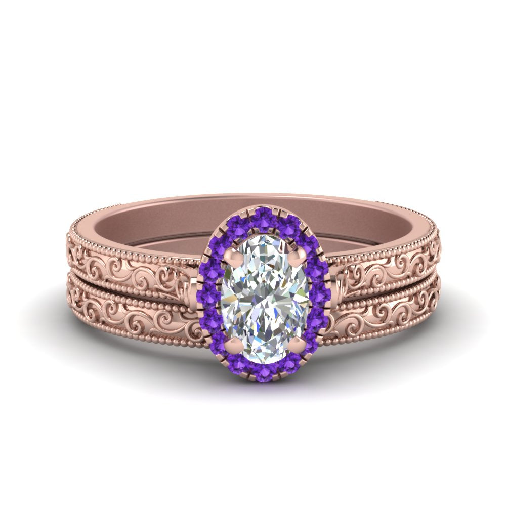 hand-engraved-oval-shaped-halo-diamond-wedding-ring-set-with-purple-topaz-in-rose-gold-FD8588OVGVITO-NL-RG?v=1757665222