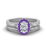 Load image into Gallery viewer, hand-engraved-oval-shaped-halo-diamond-wedding-ring-set-with-purple-topaz-in-white-gold-FD8588OVGVITO-NL-WG?v=1757665222
