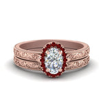 Load image into Gallery viewer, hand-engraved-oval-shaped-halo-diamond-wedding-ring-set-with-ruby-in-rose-gold-FD8588OVGRUDR-NL-RG?v=1757665222