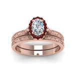 Load image into Gallery viewer, hand-engraved-oval-shaped-halo-diamond-wedding-ring-set-with-ruby-in-rose-gold-FD8588OVGRUDRANGLE5-NL-RG?v=1757665222