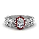Load image into Gallery viewer, hand-engraved-oval-shaped-halo-diamond-wedding-ring-set-with-ruby-in-white-gold-FD8588OVGRUDR-NL-WG?v=1757665222