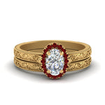 Load image into Gallery viewer, hand-engraved-oval-shaped-halo-diamond-wedding-ring-set-with-ruby-in-yellow-gold-FD8588OVGRUDR-NL-YG?v=1757665222