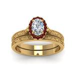 Load image into Gallery viewer, hand-engraved-oval-shaped-halo-diamond-wedding-ring-set-with-ruby-in-yellow-gold-FD8588OVGRUDRANGLE5-NL-YG?v=1757665222