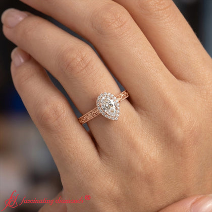 Pear Shaped Milgrain Vintage Diamond Ring With Halo