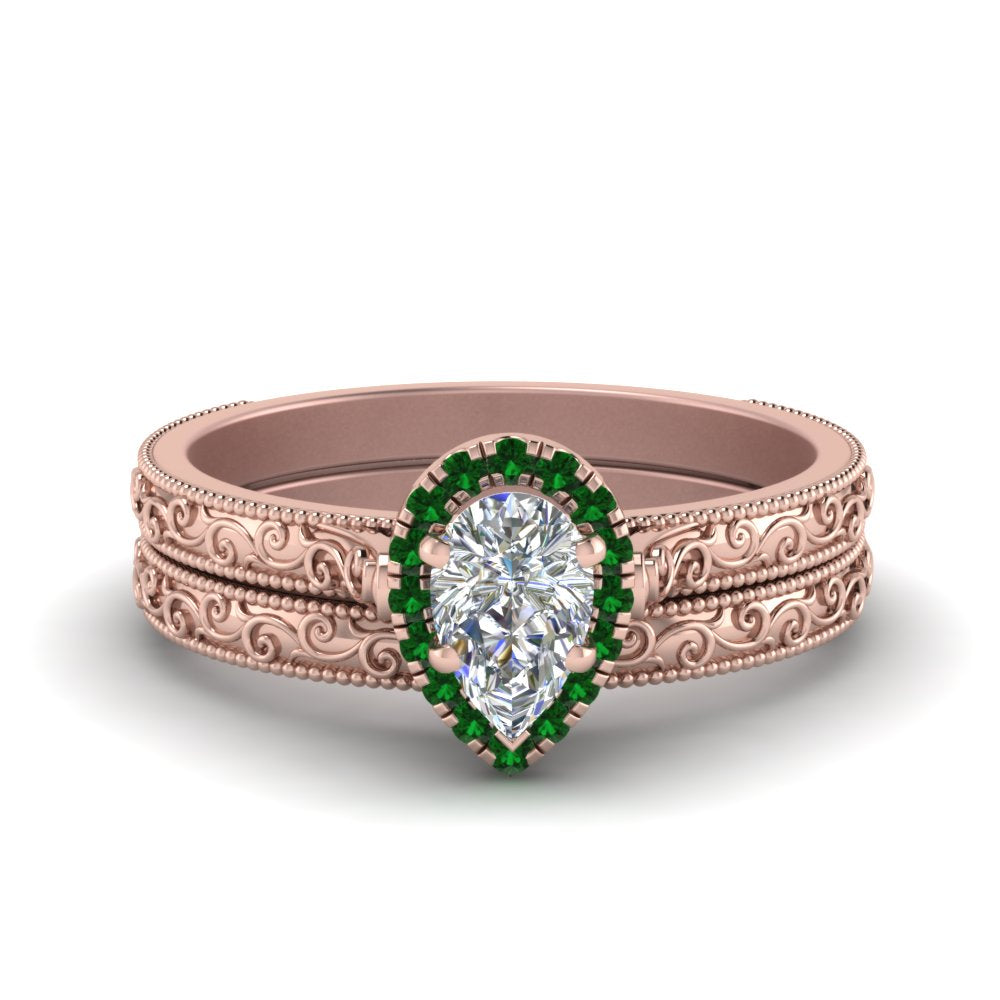 hand-engraved-pear-shaped-halo-diamond-wedding-ring-set-with-emerald-in-rose-gold-FD8588PEGEMGR-NL-RG?v=1757665244