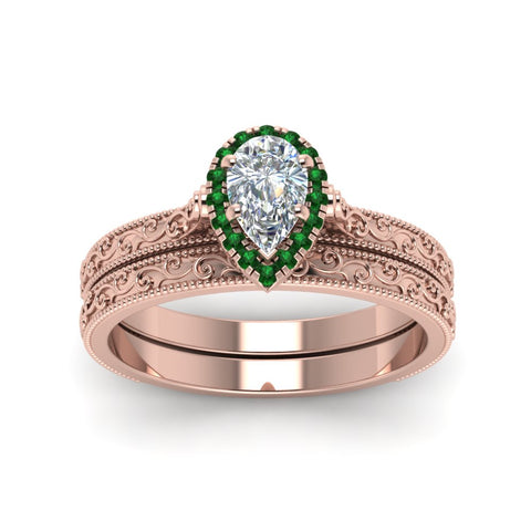 hand-engraved-pear-shaped-halo-diamond-wedding-ring-set-with-emerald-in-rose-gold-FD8588PEGEMGRANGLE5-NL-RG?v=1757665239
