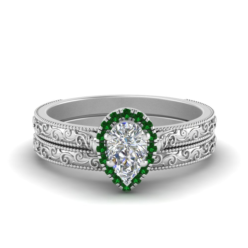 hand-engraved-pear-shaped-halo-diamond-wedding-ring-set-with-emerald-in-white-gold-FD8588PEGEMGR-NL-WG?v=1757665239