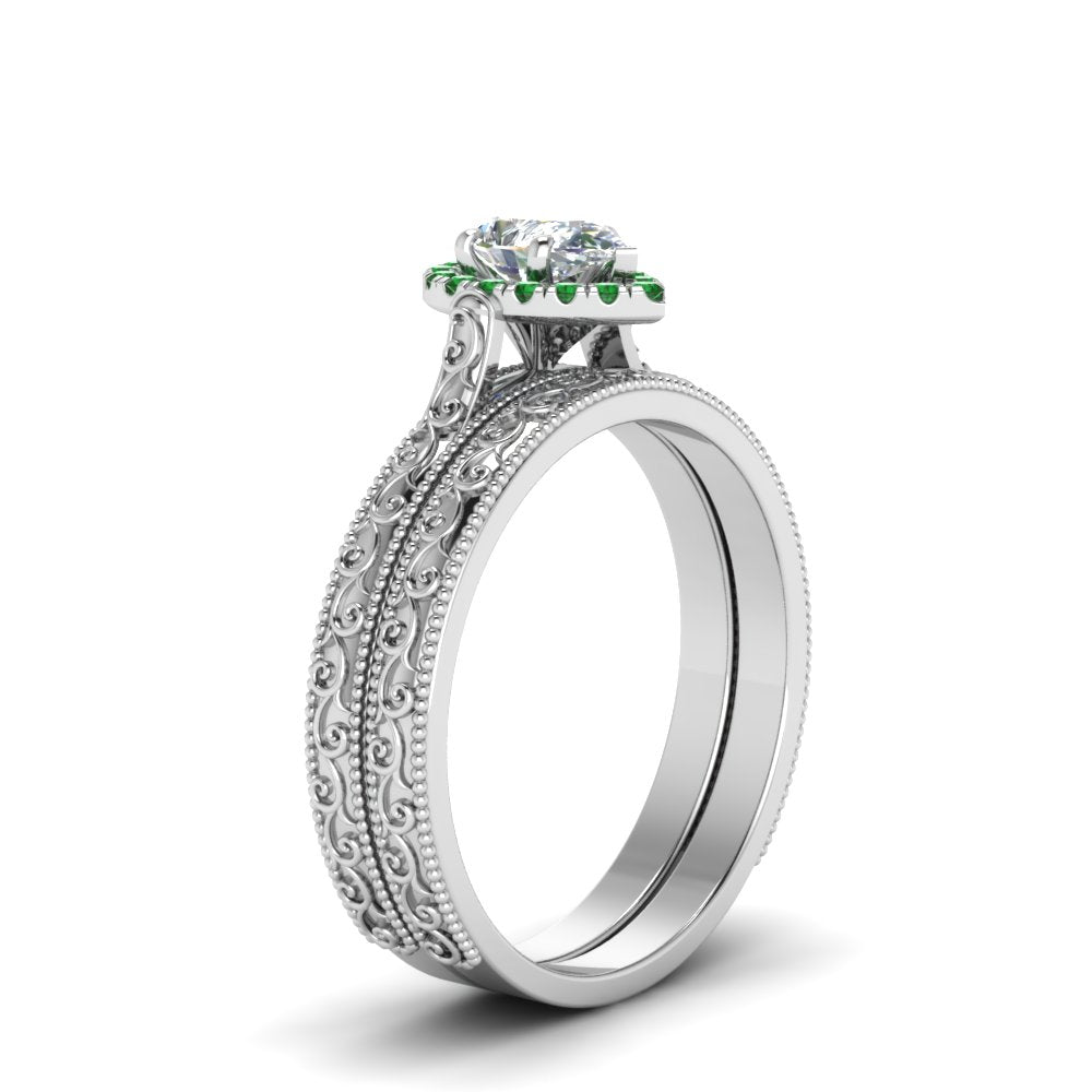 hand-engraved-pear-shaped-halo-diamond-wedding-ring-set-with-emerald-in-white-gold-FD8588PEGEMGRANGLE2-NL-WG?v=1757665239