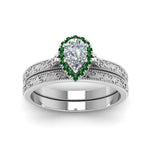 Load image into Gallery viewer, hand-engraved-pear-shaped-halo-diamond-wedding-ring-set-with-emerald-in-white-gold-FD8588PEGEMGRANGLE5-NL-WG?v=1757665239
