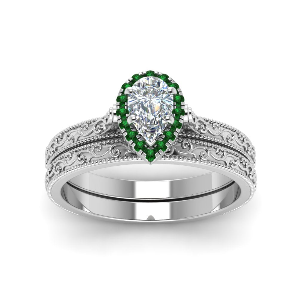hand-engraved-pear-shaped-halo-diamond-wedding-ring-set-with-emerald-in-white-gold-FD8588PEGEMGRANGLE5-NL-WG?v=1757665239