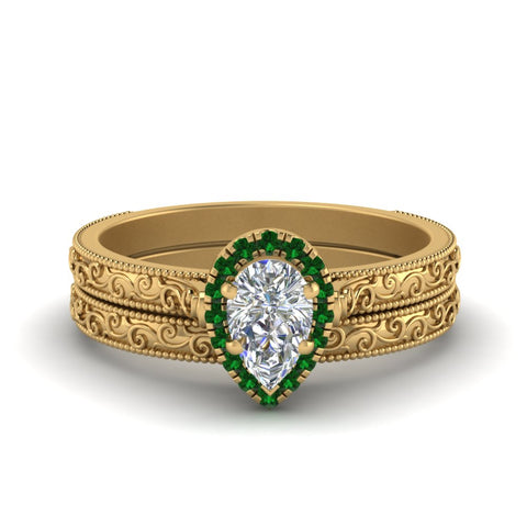hand-engraved-pear-shaped-halo-diamond-wedding-ring-set-with-emerald-in-yellow-gold-FD8588PEGEMGR-NL-YG?v=1757665239