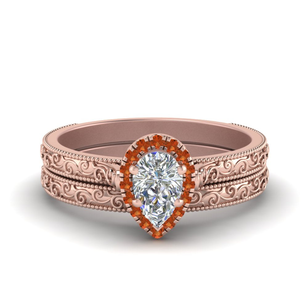 hand-engraved-pear-shaped-halo-diamond-wedding-ring-set-with-orange-sapphire-in-rose-gold-FD8588PEGSAOR-NL-RG?v=1757665240