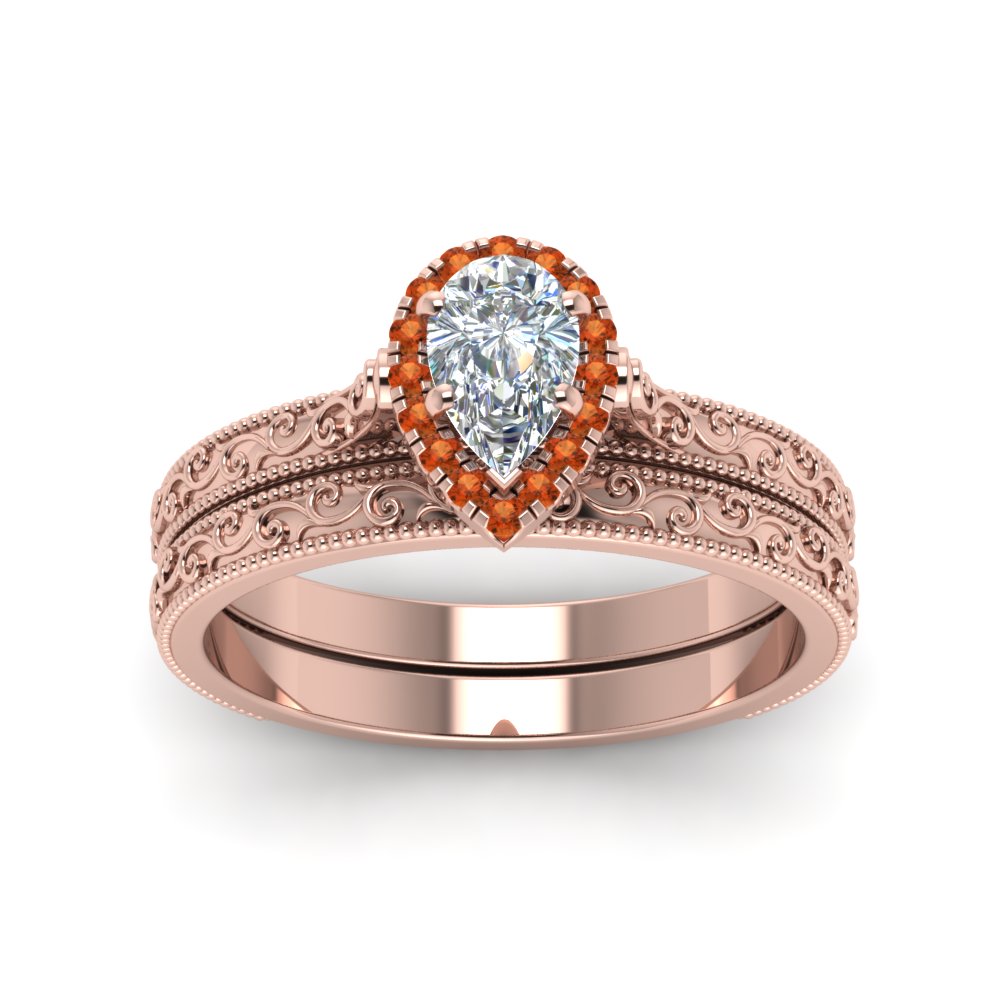 hand-engraved-pear-shaped-halo-diamond-wedding-ring-set-with-orange-sapphire-in-rose-gold-FD8588PEGSAORANGLE5-NL-RG?v=1757665239