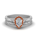 Load image into Gallery viewer, hand-engraved-pear-shaped-halo-diamond-wedding-ring-set-with-orange-sapphire-in-white-gold-FD8588PEGSAOR-NL-WG?v=1757665239
