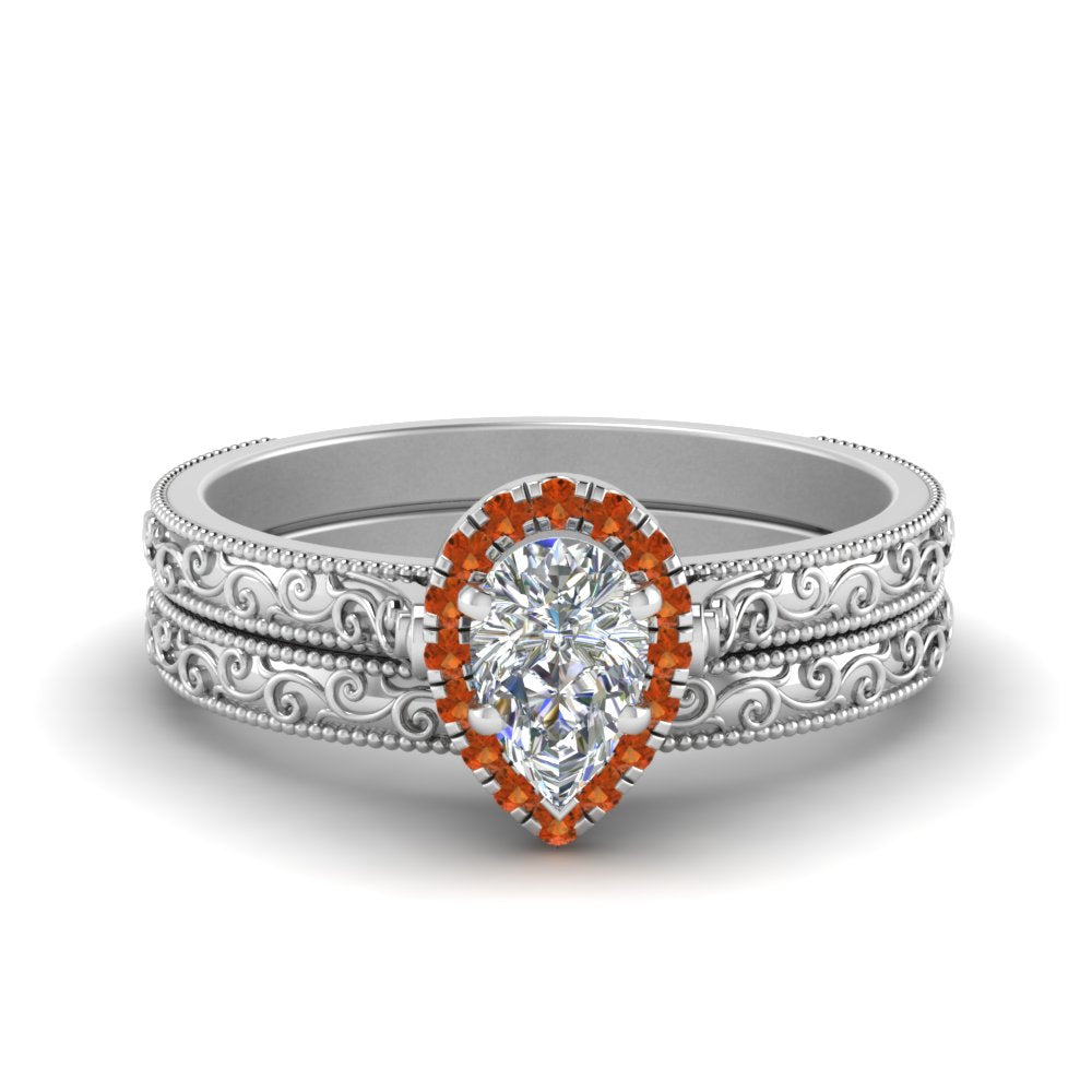 hand-engraved-pear-shaped-halo-diamond-wedding-ring-set-with-orange-sapphire-in-white-gold-FD8588PEGSAOR-NL-WG?v=1757665239