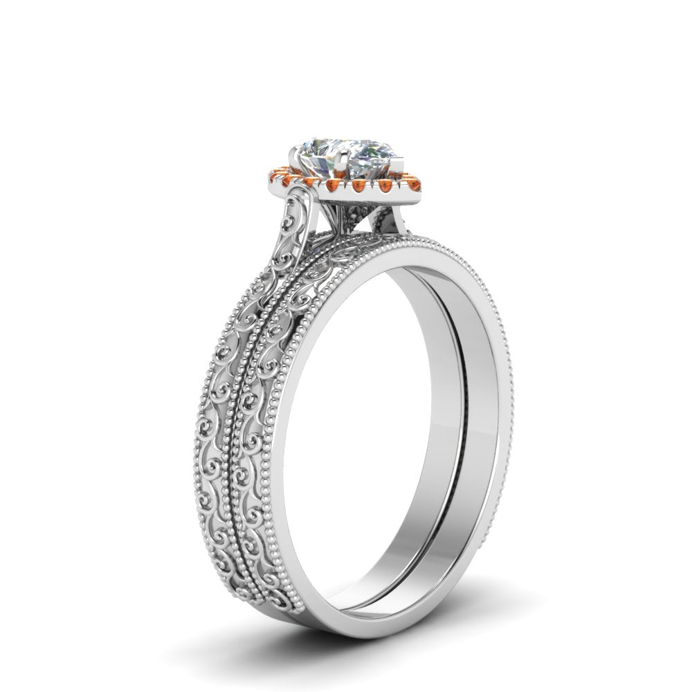 hand-engraved-pear-shaped-halo-diamond-wedding-ring-set-with-orange-sapphire-in-white-gold-FD8588PEGSAORANGLE2-NL-WG?v=1757665239