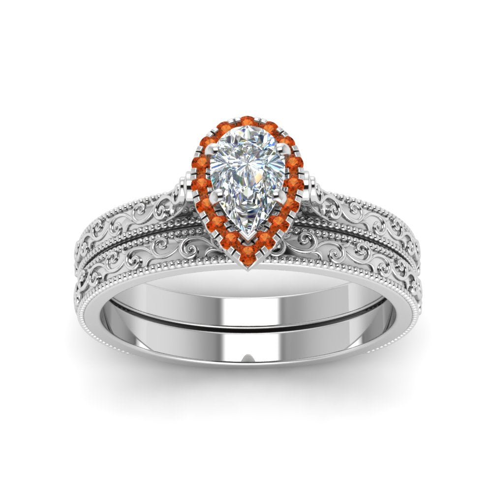 hand-engraved-pear-shaped-halo-diamond-wedding-ring-set-with-orange-sapphire-in-white-gold-FD8588PEGSAORANGLE5-NL-WG?v=1757665239