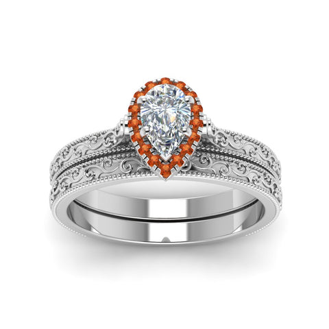 hand-engraved-pear-shaped-halo-diamond-wedding-ring-set-with-orange-sapphire-in-white-gold-FD8588PEGSAORANGLE5-NL-WG?v=1757665239