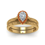 Load image into Gallery viewer, hand-engraved-pear-shaped-halo-diamond-wedding-ring-set-with-orange-sapphire-in-yellow-gold-FD8588PEGSAORANGLE5-NL-YG?v=1757665239

