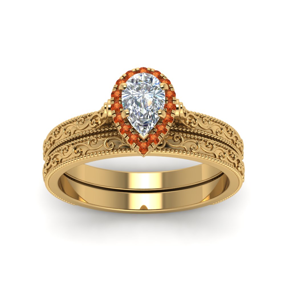 hand-engraved-pear-shaped-halo-diamond-wedding-ring-set-with-orange-sapphire-in-yellow-gold-FD8588PEGSAORANGLE5-NL-YG?v=1757665239