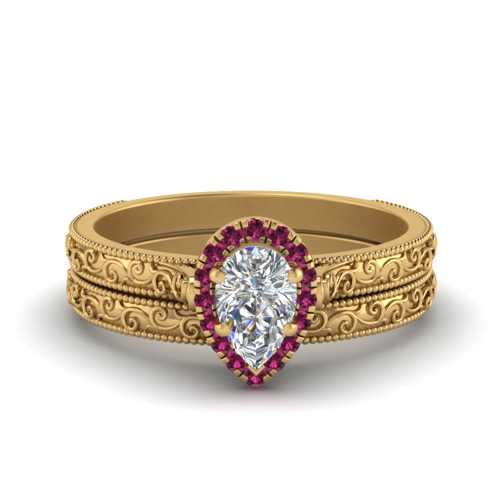 hand-engraved-pear-shaped-halo-diamond-wedding-ring-set-with-pink-sapphire-in-yellow-gold-FD8588PEGSADRPI-NL-YG?v=1757665239