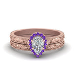 Load image into Gallery viewer, hand-engraved-pear-shaped-halo-diamond-wedding-ring-set-with-purple-topaz-in-rose-gold-FD8588PEGVITO-NL-RG?v=1757665240
