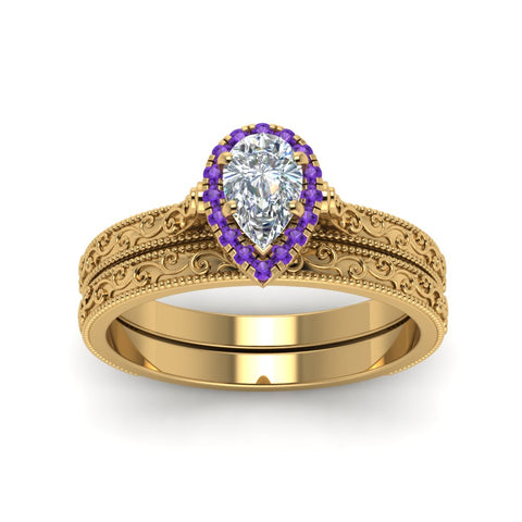 hand-engraved-pear-shaped-halo-diamond-wedding-ring-set-with-purple-topaz-in-yellow-gold-FD8588PEGVITOANGLE5-NL-YG?v=1757665240