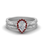 Load image into Gallery viewer, hand-engraved-pear-shaped-halo-diamond-wedding-ring-set-with-ruby-in-white-gold-FD8588PEGRUDR-NL-WG?v=1757665239
