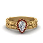 Load image into Gallery viewer, hand-engraved-pear-shaped-halo-diamond-wedding-ring-set-with-ruby-in-yellow-gold-FD8588PEGRUDR-NL-YG?v=1757665239
