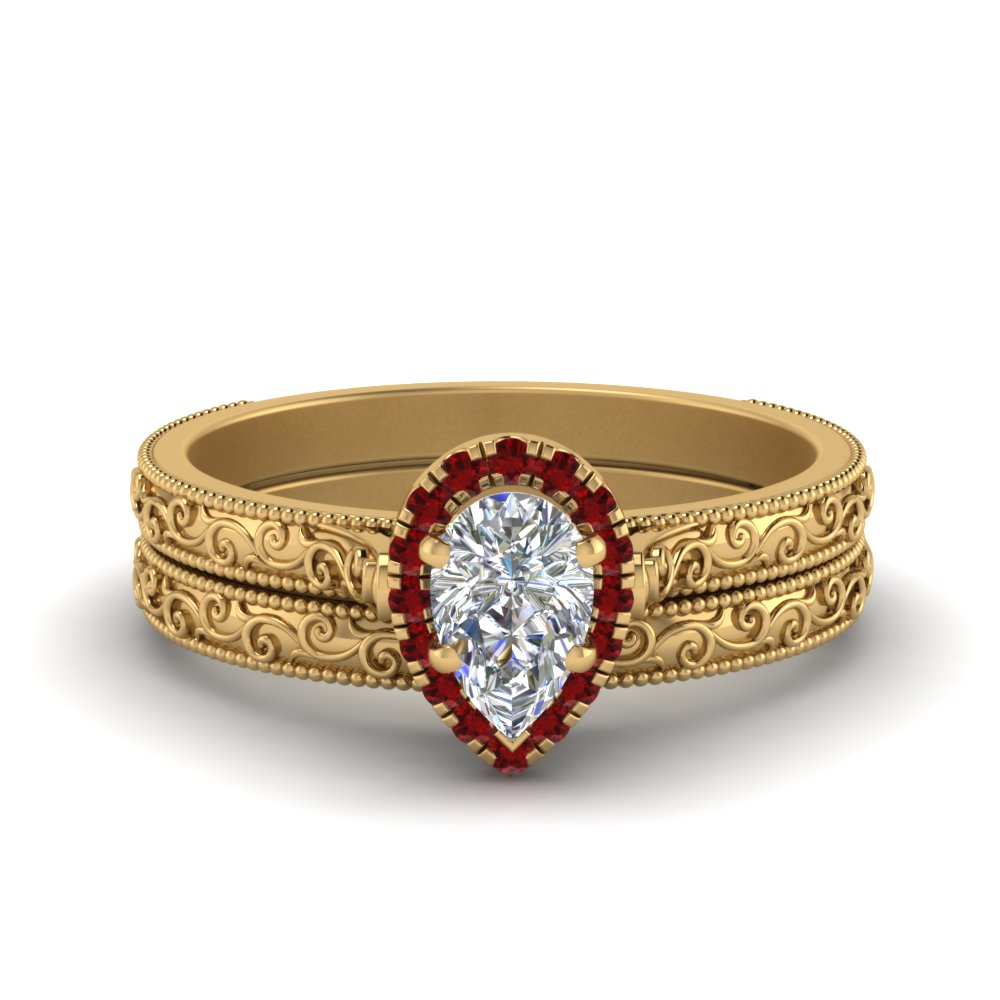 hand-engraved-pear-shaped-halo-diamond-wedding-ring-set-with-ruby-in-yellow-gold-FD8588PEGRUDR-NL-YG?v=1757665239
