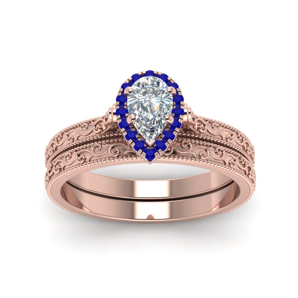 hand-engraved-pear-shaped-halo-diamond-wedding-ring-set-with-sapphire-in-rose-gold-FD8588PEGSABLANGLE5-NL-RG?v=1757665239