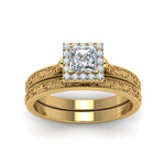 Load image into Gallery viewer, hand-engraved-princess-cut-halo-diamond-wedding-ring-set-in-yellow-gold-FD8588PRANGLE5-NL-YG?v=1757665257
