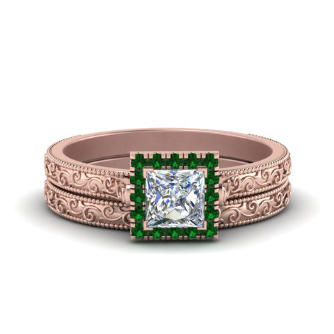 hand-engraved-princess-cut-halo-diamond-wedding-ring-set-with-emerald-in-rose-gold-FD8588PRGEMGR-NL-RG?v=1757665257