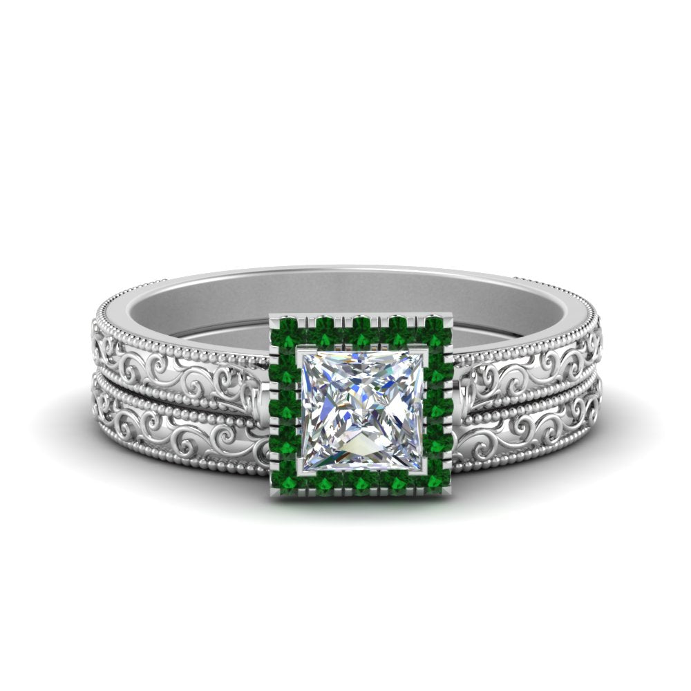 hand-engraved-princess-cut-halo-diamond-wedding-ring-set-with-emerald-in-white-gold-FD8588PRGEMGR-NL-WG?v=1757665257