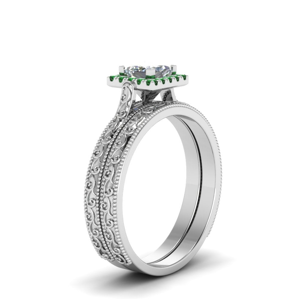 hand-engraved-princess-cut-halo-diamond-wedding-ring-set-with-emerald-in-white-gold-FD8588PRGEMGRANGLE2-NL-WG?v=1757665256