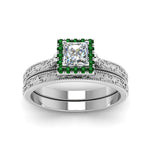 Load image into Gallery viewer, hand-engraved-princess-cut-halo-diamond-wedding-ring-set-with-emerald-in-white-gold-FD8588PRGEMGRANGLE5-NL-WG_0a5e41cb-7192-4c75-9834-a6fc06d0d282?v=1757665382
