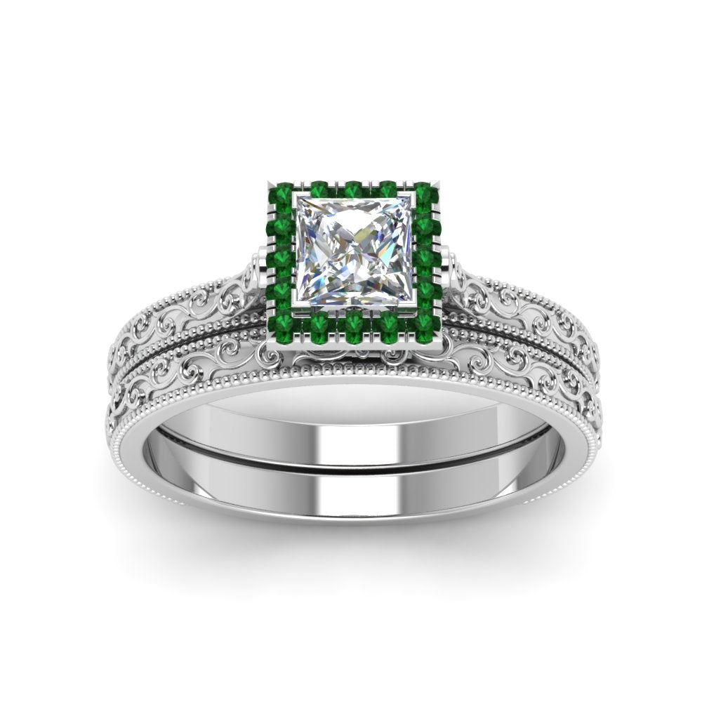hand-engraved-princess-cut-halo-diamond-wedding-ring-set-with-emerald-in-white-gold-FD8588PRGEMGRANGLE5-NL-WG?v=1757665256