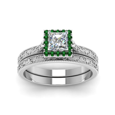 hand-engraved-princess-cut-halo-diamond-wedding-ring-set-with-emerald-in-white-gold-FD8588PRGEMGRANGLE5-NL-WG?v=1757665256
