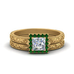 Load image into Gallery viewer, hand-engraved-princess-cut-halo-diamond-wedding-ring-set-with-emerald-in-yellow-gold-FD8588PRGEMGR-NL-YG?v=1757665257
