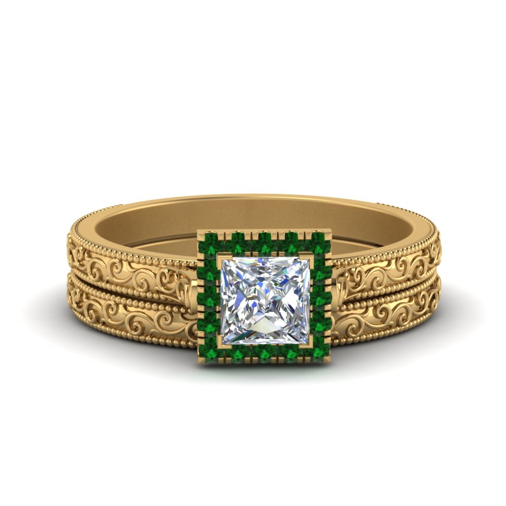 hand-engraved-princess-cut-halo-diamond-wedding-ring-set-with-emerald-in-yellow-gold-FD8588PRGEMGR-NL-YG?v=1757665257