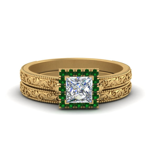 hand-engraved-princess-cut-halo-diamond-wedding-ring-set-with-emerald-in-yellow-gold-FD8588PRGEMGR-NL-YG?v=1757665257