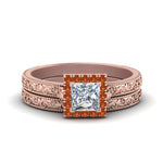 Load image into Gallery viewer, hand-engraved-princess-cut-halo-diamond-wedding-ring-set-with-orange-sapphire-in-rose-gold-FD8588PRGSAOR-NL-RG?v=1757665257
