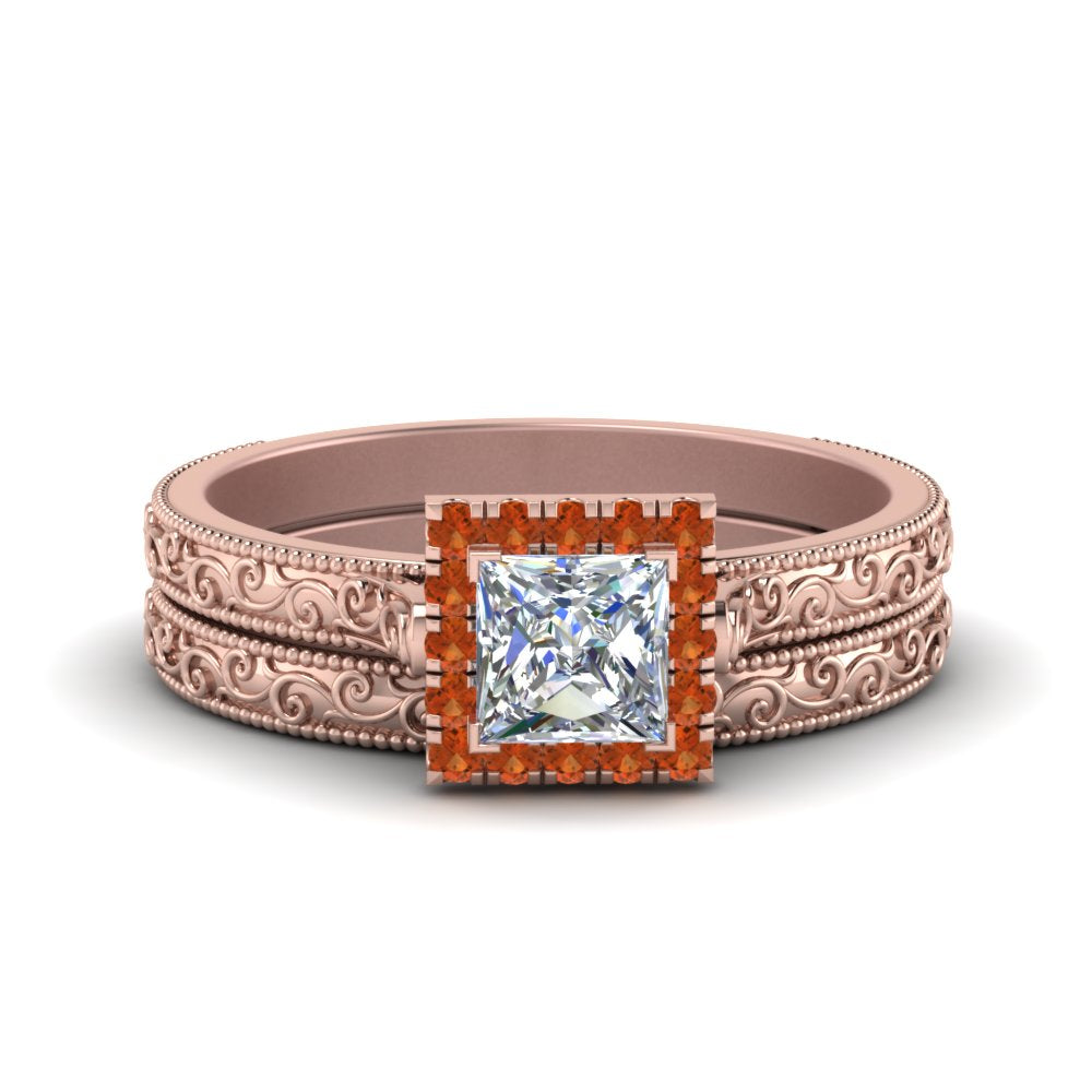hand-engraved-princess-cut-halo-diamond-wedding-ring-set-with-orange-sapphire-in-rose-gold-FD8588PRGSAOR-NL-RG?v=1757665257